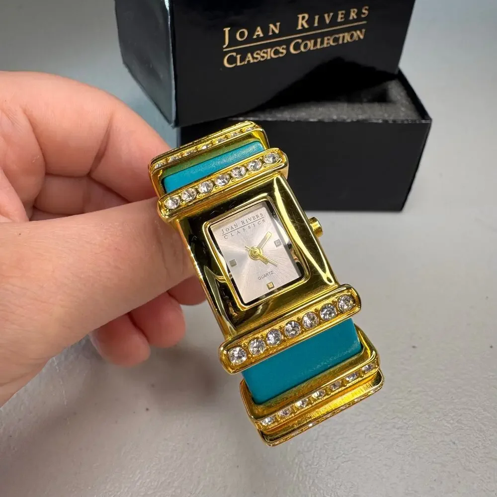 joan rivers classics turquoise leather crystal cuff watch gold tone quartz